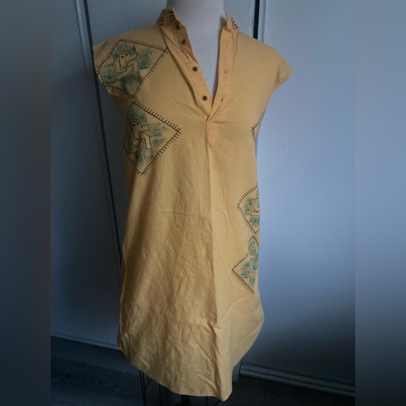Artisan hand painted primitive vintage slip sun midi dress in warm yellow - Picture 3 of 8